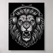 Feroz Leão Rugindo com Fones de Ouvido Monocromo P