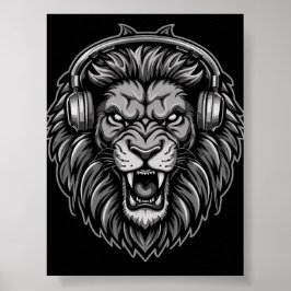 Poster Feroz Leão Rugindo com Fones de Ouvido Monocromo P