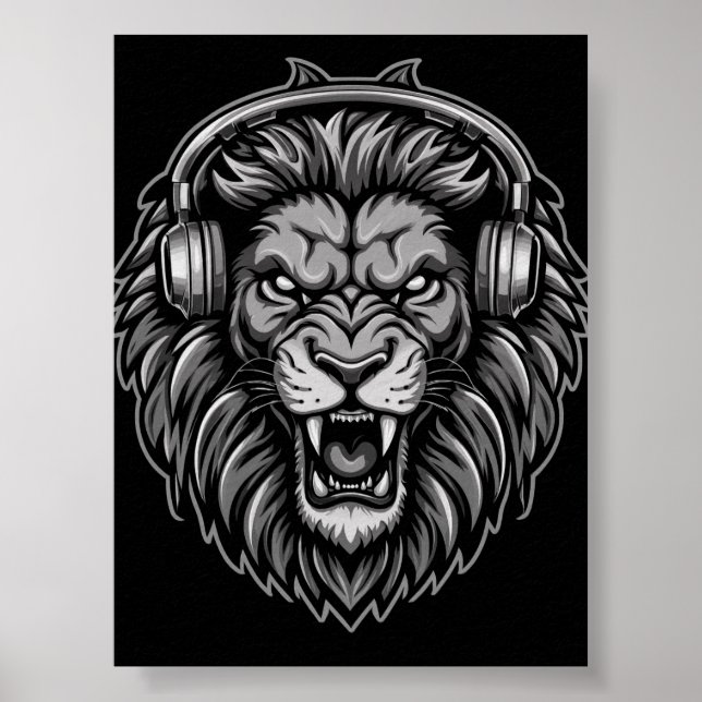 Poster Feroz Leão Rugindo com Fones de Ouvido Monocromo P (Frente)
