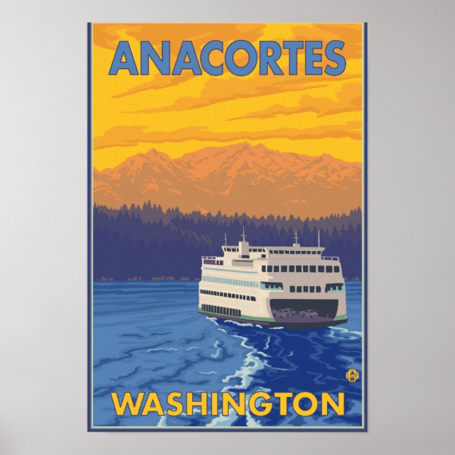 Póster Ferry and Mounains - Anacortes, Washington (Frente)