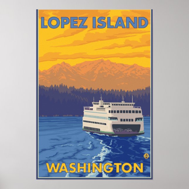 Póster Ferry and Mountain - Ilha de Lopez, Washington (Frente)