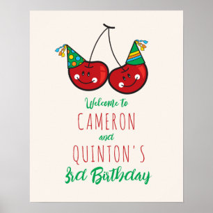 Poster Festa Cheeky Cherries Crianças Gêmeas Aniversário 