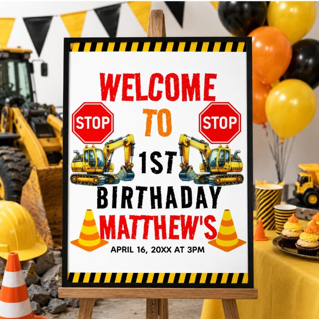 Poster Festa de 1º Aniversário do Caminhão de Construção (Construction Dump Truck 1st Birthday Party Poster)
