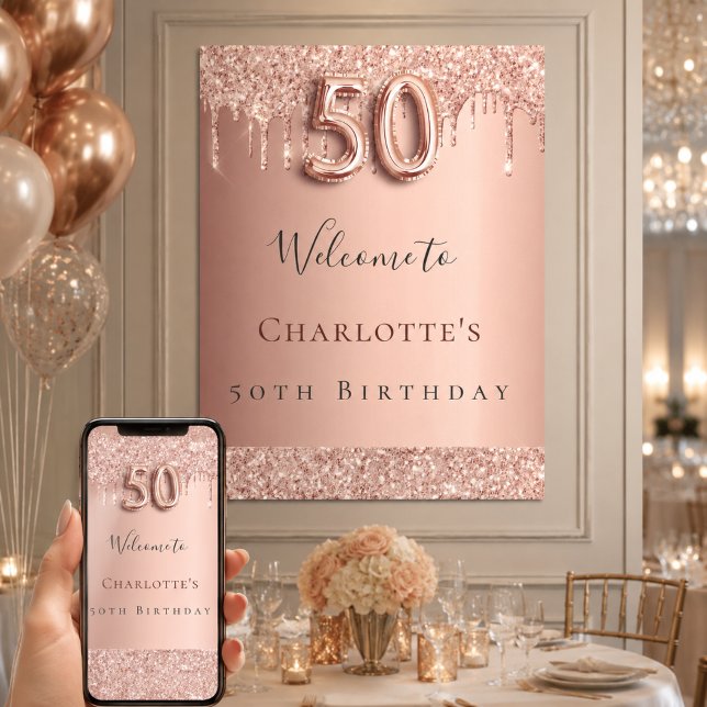 Poster festa de 50 anos rosa ouro bem-vindo (Criador carregado)