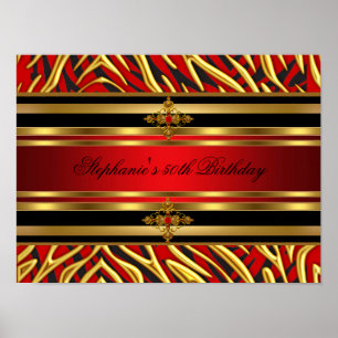 Póster Festa de 50 Anos Vermelho Zebra Dourado Preto