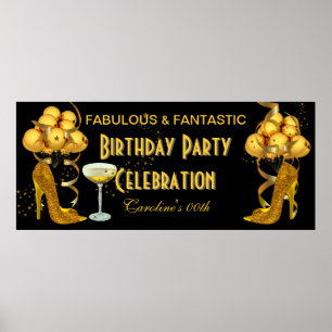 Poster Festa de Aniversário Banner Preto Dourado