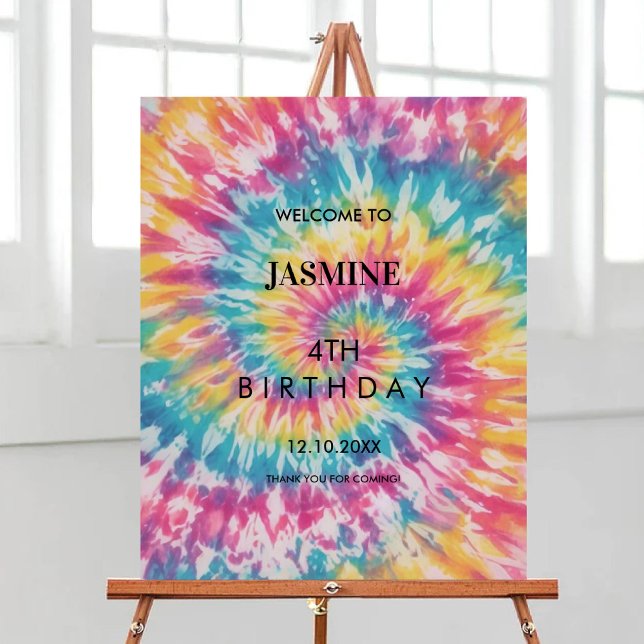 Poster Festa de aniversário branca Rainbow Tie Dye (Rainbow Tie Dye whimsical Birthday Party Welcome Poster)