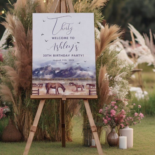 Poster Festa de aniversário da Paisagem dos Cavalos - Boa (Horses Landscape Milestone Birthday Party Welcome poster)