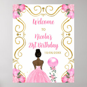 Poster Festa de aniversário Dark Skin Princess Pink Welco