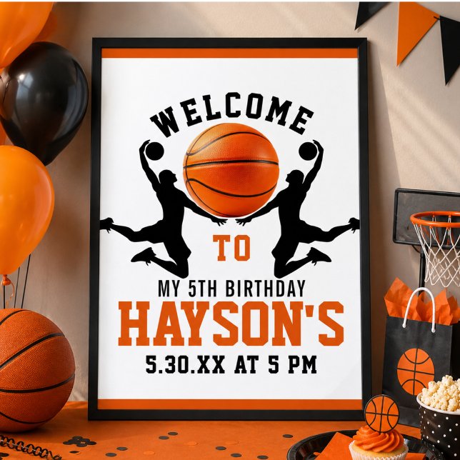 Poster Festa de Aniversário de 5 anos do Menino com Basqu (orange basketball Boy 5TH Birthday Party Poster)