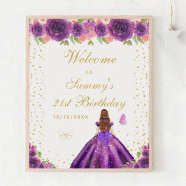 Poster Festa de aniversário de Cabelo Marrom Roxo Bem-vin