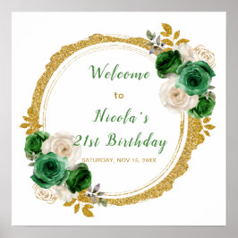 Poster Festa de aniversário de Flores Elegantes Verde-Esc