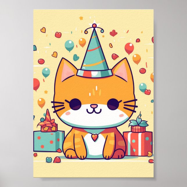 Poster Festa de aniversário de gato fofo,  (Frente)