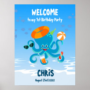 Poster Festa de Aniversário de Menino com Polvo Azul deba