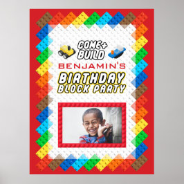 Poster Festa de aniversário de Tema de Construção de Bloc