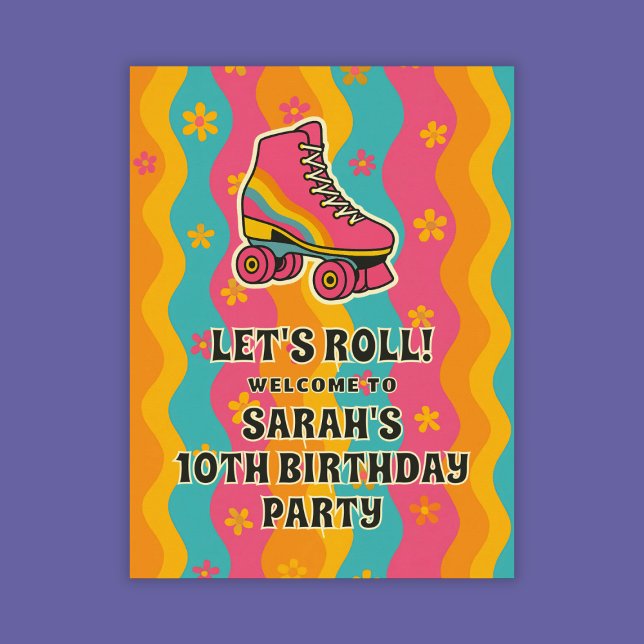 Poster Festa de aniversário do cilindro de retrô da garot (Welcome Girl Retro Roller Skate Birthday Party Poster
)