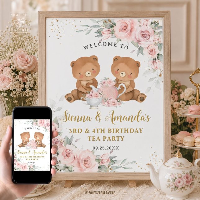 Poster Festa de Aniversário do Ursinho Teddy com Flores R (teddy bears tea party blush floral joint birthday welcome sign poster digital download )