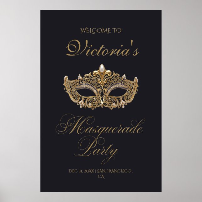 Poster Festa de Aniversário Máscara Preta Dourada (Frente)