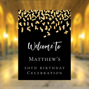 Poster Festa de aniversário preta dourado confetti bem-vi
