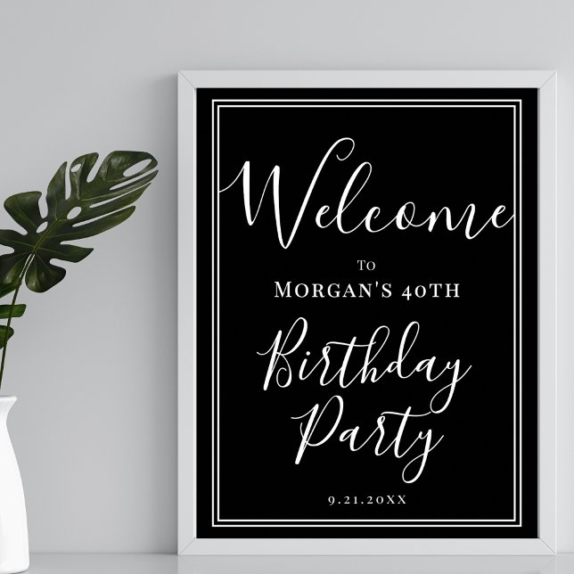 Poster Festa de Aniversário Preto e Branco Bem-vindo (Black White Birthday Party Welcome Poster)