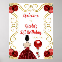 Poster Festa de Aniversário Princesa Cabelo Castanho Verm