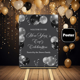 Poster Festa de Ano Novo com Brilho Preto e Prata