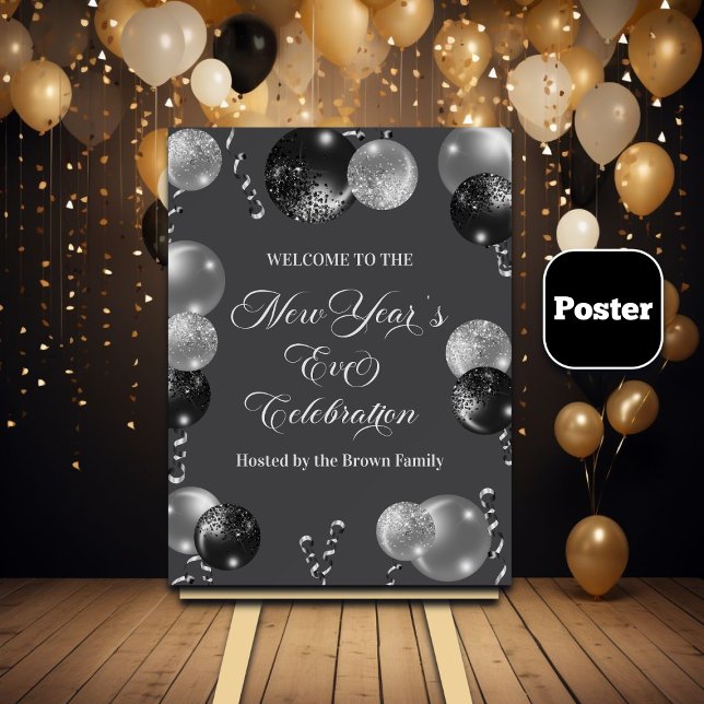 Poster Festa de Ano Novo com Brilho Preto e Prata (Criador carregado)