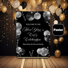 Poster Festa de Ano Novo com Brilho Preto e Prata