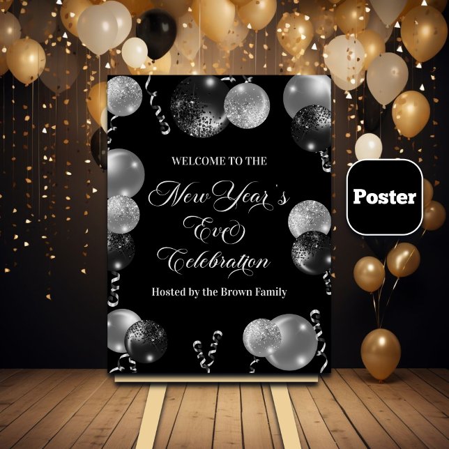 Poster Festa de Ano Novo com Brilho Preto e Prata (Criador carregado)