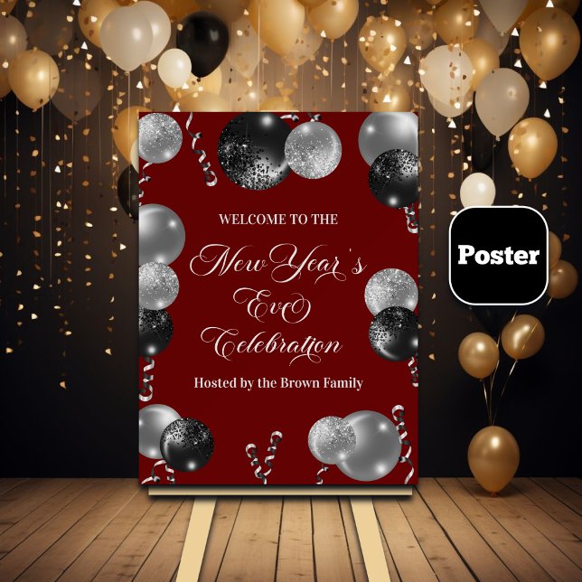 Poster Festa de Ano Novo com Brilho Preto e Prata (Criador carregado)