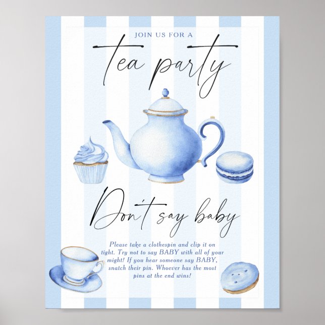 Poster festa de chá azul baby shower Não diga bebê (Frente)