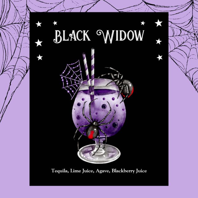 Poster Festa de Cocktail do Dia das Bruxas com Receita de (Halloween Cocktail Party with Black Widow Recipe Poster)