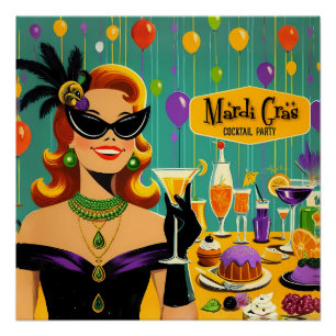 Póster Festa de Cocktail Retro Mardi Gras dos Anos 50