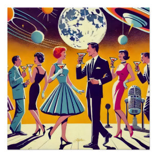 Póster Festa de Coquetel Espacial dos Anos 60 no Estilo M