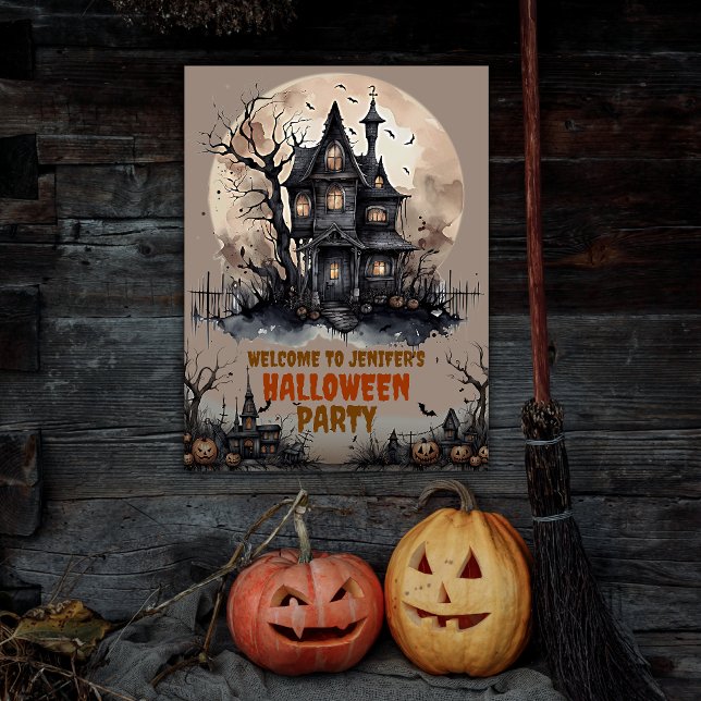 Poster Festa de Dia das Bruxas de Mansão Assombrada (Welcome guests to a night of spine-tingling delights with this hauntingly delightful party poster.)