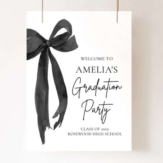 Poster Festa de formatura de coquete preto moderno bem-vi (Modern Black Bow Coquette Graduation Party Welcome Poster)