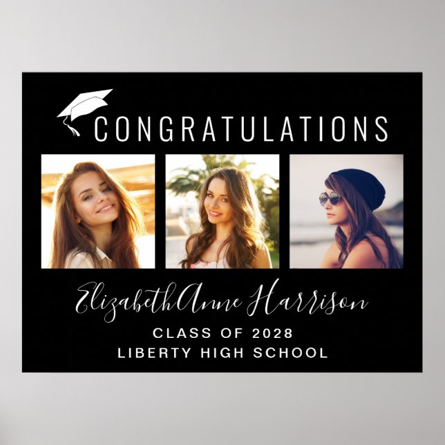 Poster Festa de Formatura Preto Foto de Parabéns (Frente)