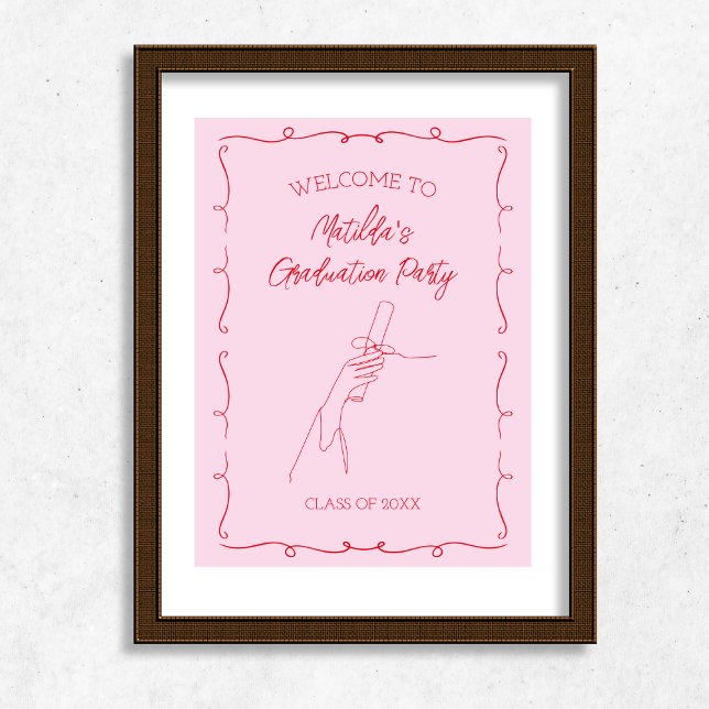 Poster Festa de formatura rosa e vermelha ilustrada desen (Hand Drawn Illustrated Pink & Red Graduation Party Poster)