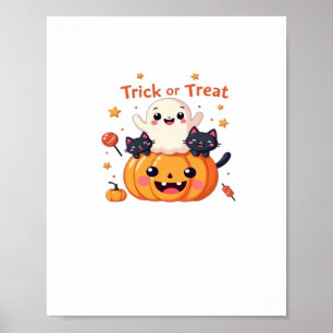 Poster Festa de Halloween - Kawaii Ghost e Classe de Gato