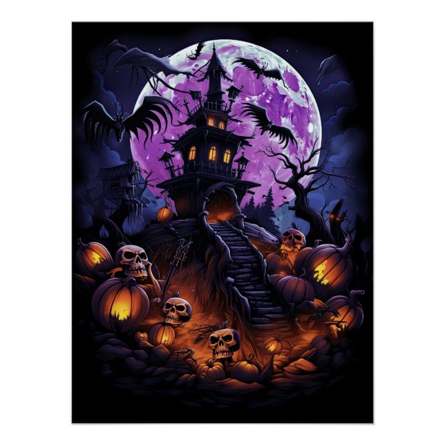 Póster Festa de Halloween Roxo da Casa Assombrada (Frente)