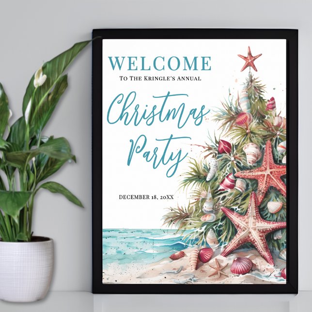 Poster Festa de Natal de Praia Tropical Bem-vinda (Tropical Beach Christmas Party Welcome Poster)