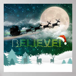 Poster Festa de Natal Santa Hat Reindeer Sleigh