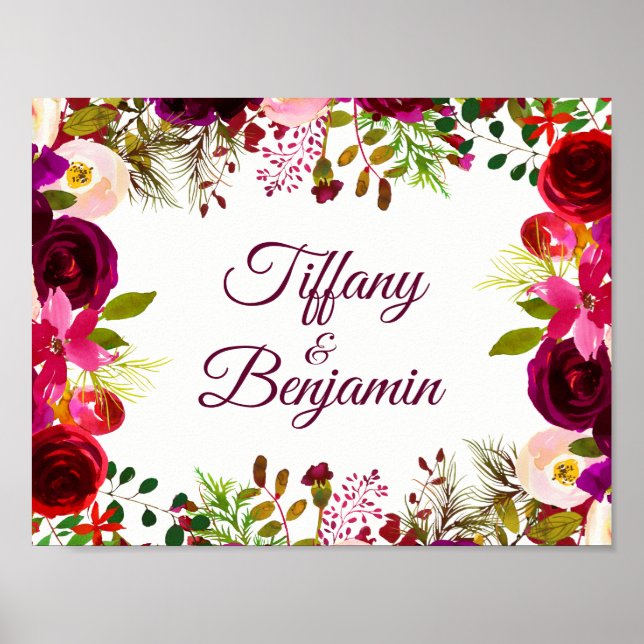 Póster Festa de noivado de Casamento Burgundy Red Floral  (Frente)