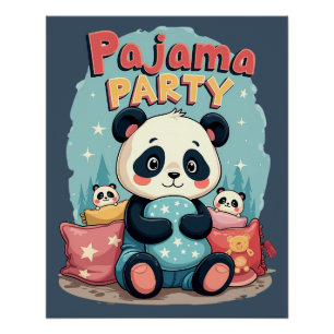 Póster Festa de Pijamas do Panda Kawaii Estética Aconcheg
