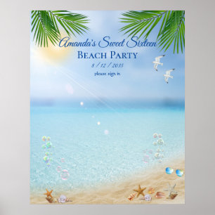 Poster Festa de Praia Luau Doze Anos Conchas Gaivotas