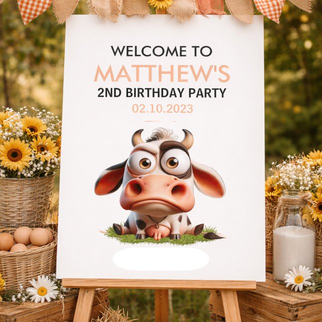 Poster Festa de segundos aniversários de animais de criaç (Cute Cow Farm Animals 2nd Birthday Party Poster)