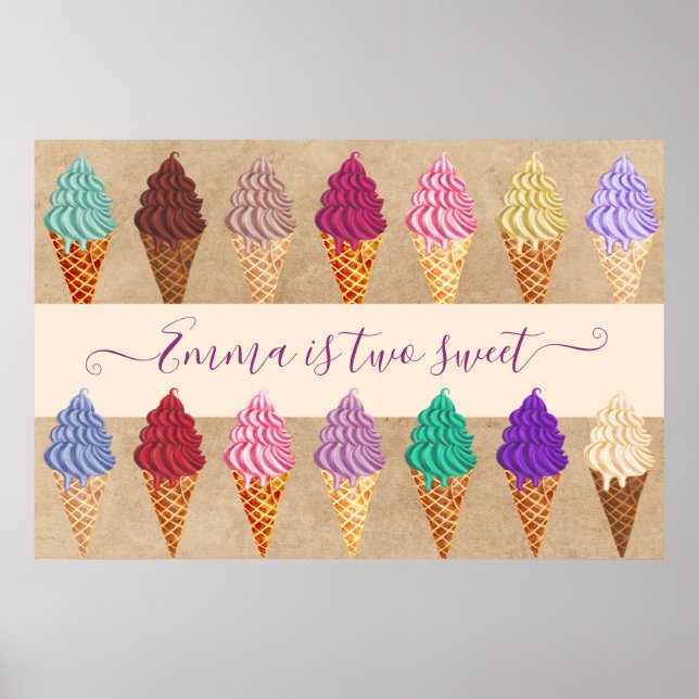 Poster Festa de Sorvete Bonita Menina 2 Anos Aniversário (Frente)