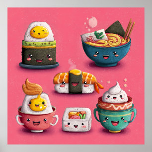 Poster Festa de Sushi Rosa Kawaii