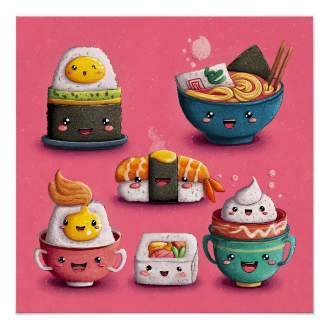 Póster Festa de Sushi Rosa Kawaii (Frente)