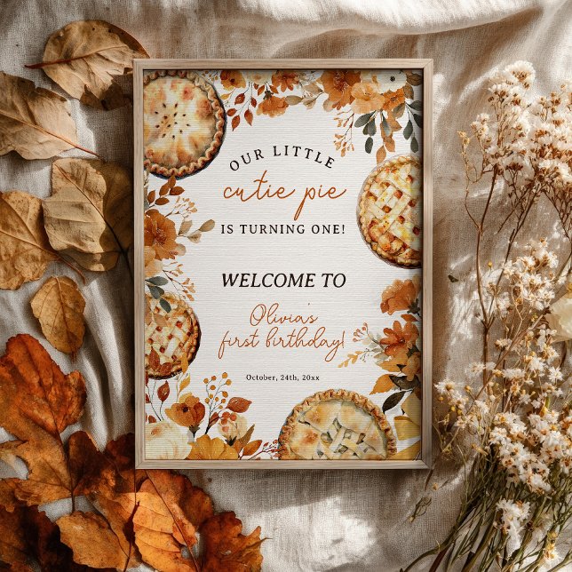 Poster Festa de Um Ano da Torta Neutra de Outono Rústico (Rustic Fall Neutral Cutie Pie First Birthday Poster)